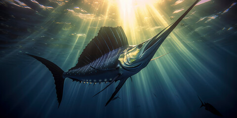 Wall Mural - Striking underwater view of a sailfish bathed in sunlight. Generative AI