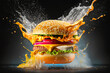 Conceptual image of large hamburger with tomato, meat patty, lettuce and cheese dynamically bouncing with sauce splash effect in slow motion. Highly detailed. Made with Generative AI