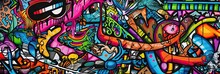 Vibrant Colors Come Alive In This Street Art Mural, Expressing The Artists Creativity Through A Mix Of Text And Graffiti. Full Frame, Generative AI