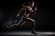 Epic Fitness Action Shot: Beautiful Fit Active Athletic Brunette Woman Sprinting. Diverse Woman of Colour Female Athlete Running Sprints and Training Cardio. Generative AI