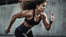Epic Fitness Action Shot: Beautiful Fit Active Athletic Brunette Woman Sprinting. Diverse Woman Of Colour Female Athlete Running Sprints And Training Cardio. Generative AI