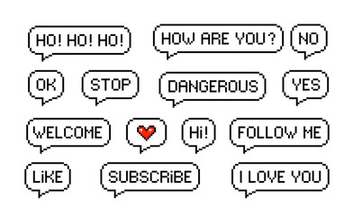 Poster - Pixel speech bubble messages, like subscribe and follow, vector game talk text. 8 bit pixel art chat or speech bubble message icons, retro pixel dialog clouds and conversation text with Hi and welcome