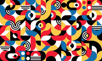 Poster - Bauhaus pattern, abstract geometric background and modern abstract vector tile. Geometric shape pattern of square, circle and triangle mosaic tiles, vintage Bauhaus art colors pattern