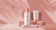 © Vector Tradition - Pink or coral podium with palm leaves and cosmetics mockup. Luxury cosmetics package presentation mockup on pedestal or podium, skincare lotion or cream container showcase realistic vector template