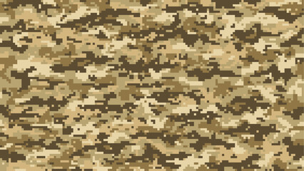 Poster - Brown sand, pixel military camouflage pattern or khaki background, vector army camo. Mosaic digital pixel camouflage pattern of desert brown sand for soldier ammunition or military uniform print