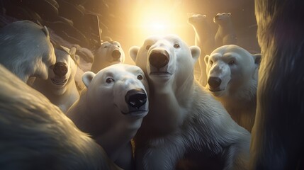 Wall Mural - A group of polar bear taking a selfie. Created with Generative AI.