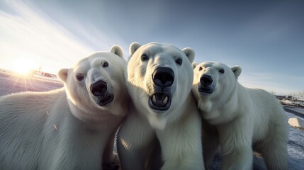 Wall Mural - A group of polar bear taking a selfie. Created with Generative AI.