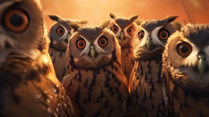 Wall Mural - A group of owls taking a selfie. Created with generative AI.