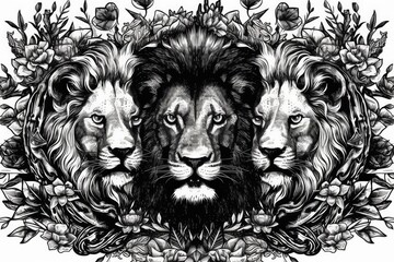 Wall Mural - two majestic lions surrounded by a lush floral and foliage background. Generative AI