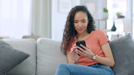 Poster - Relax, smile and woman on couch, smartphone and typing for social media, carefree and chilling. Female on sofa, lady and cellphone with connection, communication and happiness in living room and rest