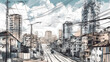 Sketch and real mix urban cityscape scene development Generative AI