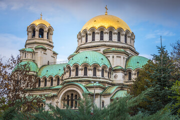 Wall Mural - Alexander Nevski cathedral square in Sofia at dramatic autumn sunset, Bulgaria