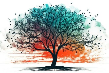 Sticker - majestic tree surrounded by flying birds. Generative AI