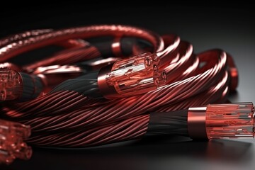 Poster - close up of a single red cable on a black background. Generative AI