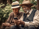 Fototapeta  - An Elderly Black Couple on Mobile Devices in a Park-Enhanced | Generative AI