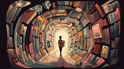 An image of a person walking through a book tunnel, with different characters and scenes emerging from the pages - Generative AI