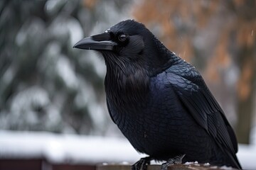 Poster - black bird perched on a wooden fence in a rural setting. Generative AI