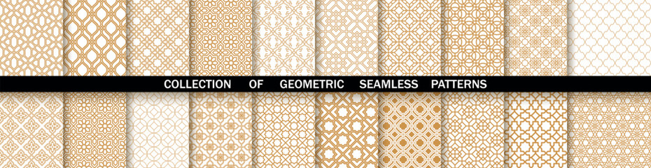 Geometric set of seamless gold and white patterns. Simpless vector graphics