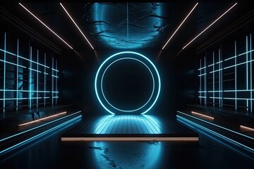 Poster - mysterious dark room with neon lights shining on a circular object. Generative AI