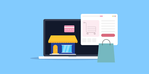 Small business online product selling ecommerce store concept. Vector banner.