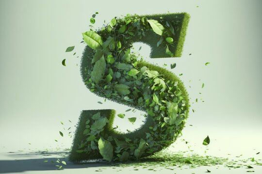 A green dollar sign made of leaves shattering. Concept of environmental economics and sustainable finance Ai generative.