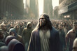 Jesus Christ walking on the street in the crowd. Easter concept.Generative AI