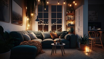 Wall Mural - Scandinavian style living room interior at night with strings of light. Generative AI