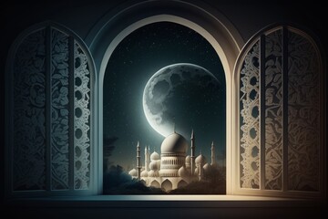Poster - Ramadan Kareem background with mosque and moon. Generative AI