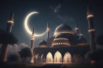Poster - Ramadan Kareem background with mosque and crescent moon. Generative AI