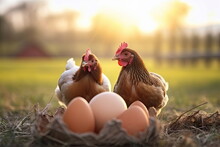 Hen Hatching Eggs With Farm Background
