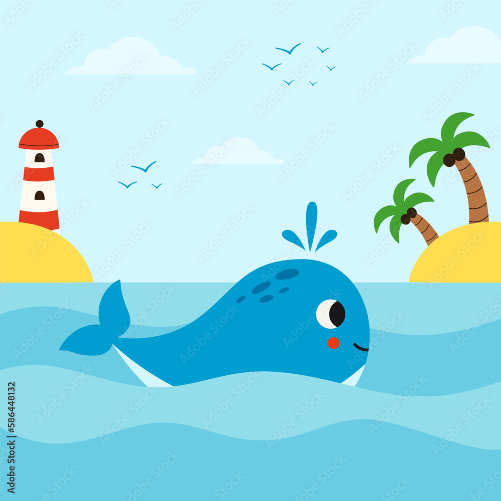 Vector illustration of cartoon cute whale in sea. Marine life. Stock ...