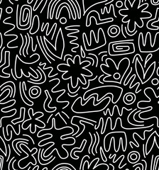 Wall Mural - Black and white abstract drawing hand-drawn in scribbles on a black background.Seamless pattern.