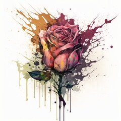 Wall Mural - Watercolor rose with splashes on white background. Generative AI illustration.