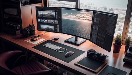 Poster - Photographer's workplace with computer, Generative AI