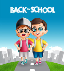 Wall Mural - Back to school vector design. Back to school text with student boy characters walking outdoor. Vector illustration student characters background. 