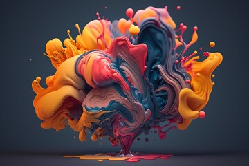 Vibrant 3D painting: Surrealistic, flowing textures meet colorful explosions and flowing fabrics in light orange and beige hues. Rendered in Cinema4D, stunning fusion of cyan and bronze. Generated AI