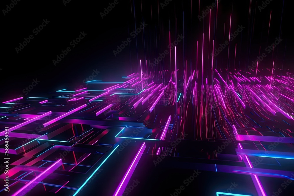 a 3d render, abstract black background with pink blue neon lines ...
