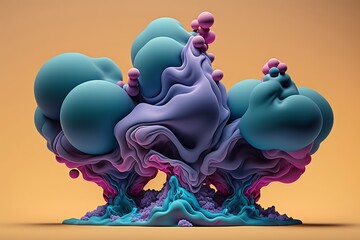 Vibrant 3D painting: Surrealistic, flowing textures meet colorful explosions and flowing fabrics in light orange and beige hues. Rendered in Cinema4D, stunning fusion of cyan and bronze. Generated AI