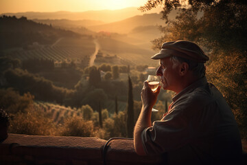 A man sipping a glass of Chianti wine with breathtaking views of Tuscany - Italian region famous for its picturesque landscapes and excellent wines -  ai generative