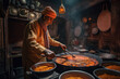 Exotic Flavors. Skilled Indian chef preparing a mouth-watering meal in a rustic kitchen in Jaipur, India. Culinary art concept. AI Generative