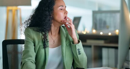 Poster - Tired, night and woman yawn on computer in office fatigue, mental health problem or deadline stress. Professional person or worker on desktop pc with low energy, depression and burnout at online job