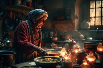 Rustic moroccan kitchen |  Moroccan Woman cooking : A Culinary Journey Through Morocco Authentic Flavors, Culture and Tradition - AI Generative	