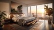 © Dniel - Modern bedroom interior, windows overlooking the infinity Sea. Generative AI Technology