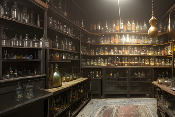 Poster - Alchemist lab. A strange and creepy cabinet of curiosities filled with lots of bottles and glass jars. CG Artwork Background. AI generated digital illustration