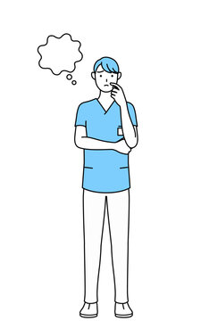 顔をかきながら考える男性看護師、理学療法士、作業療法士、言語聴覚士、看護助手