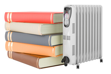 Poster - books with oil heater, 3d rendering
