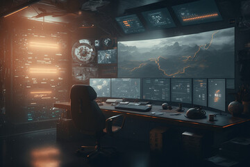 Poster - Intelligence department, spy game, screens, futuristic, data analysts, Generative AI	