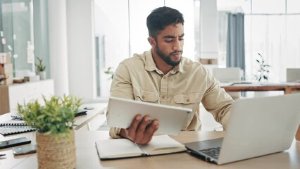 Canvas Print - Laptop, tablet and planning with a business man in his office, working on a project or proposal. Computer, internet and research with a creative male employee doing an online search for info at work