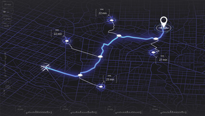 Map mobile app planning travel. Isometric map. City map route, location symbols and navigational system mark. Vector, illustration isolated on white background.