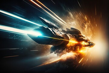 Poster - Time Travel Inside the Quantum Realm. Traveling into quantum world with quantum ship. experiments in quantum mechanics, theory about micro-world of atoms and particles. AI generative